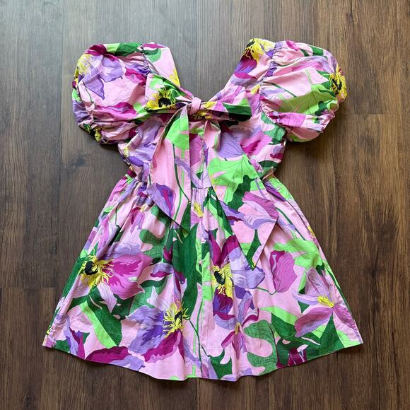 Express Floral Puff Sleeve Mini Dress w/ Pockets Bow Back Large - Picture 6 of 8